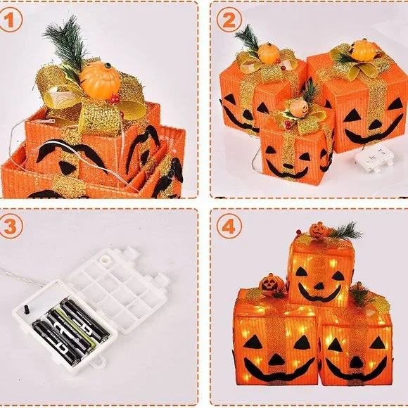 NEW! Pumpkin Gift Boxes Decorative Lights, Set of 3 Battery Operated - Picture 4 of 7